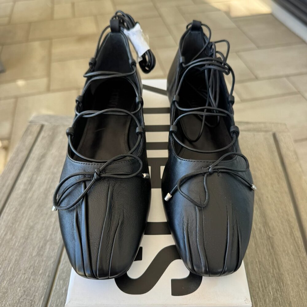 New Schutz Arissa Lace Up Ballet Flats Leather Black Womens Size 7